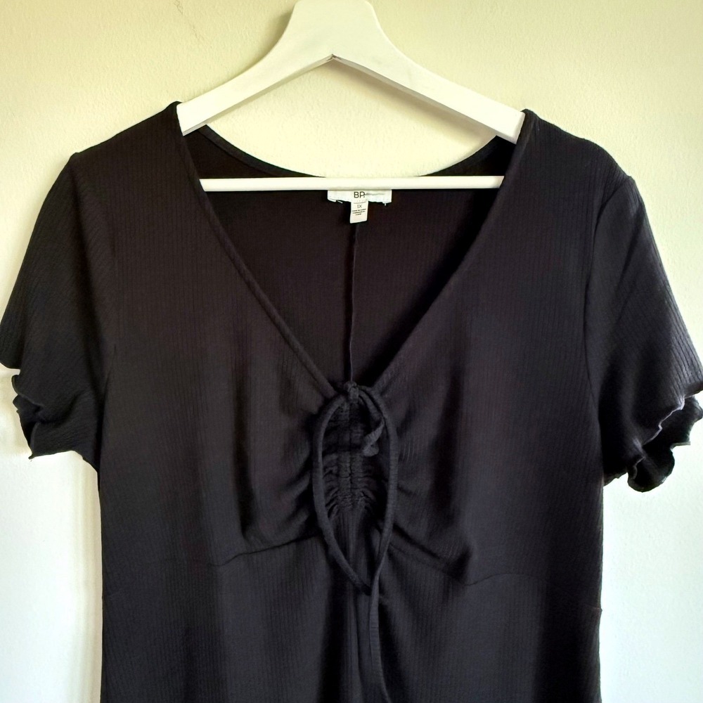BP Black Tie-Front Ribbed Knit T-Shirt Dress Short Sleeve Casual Women's